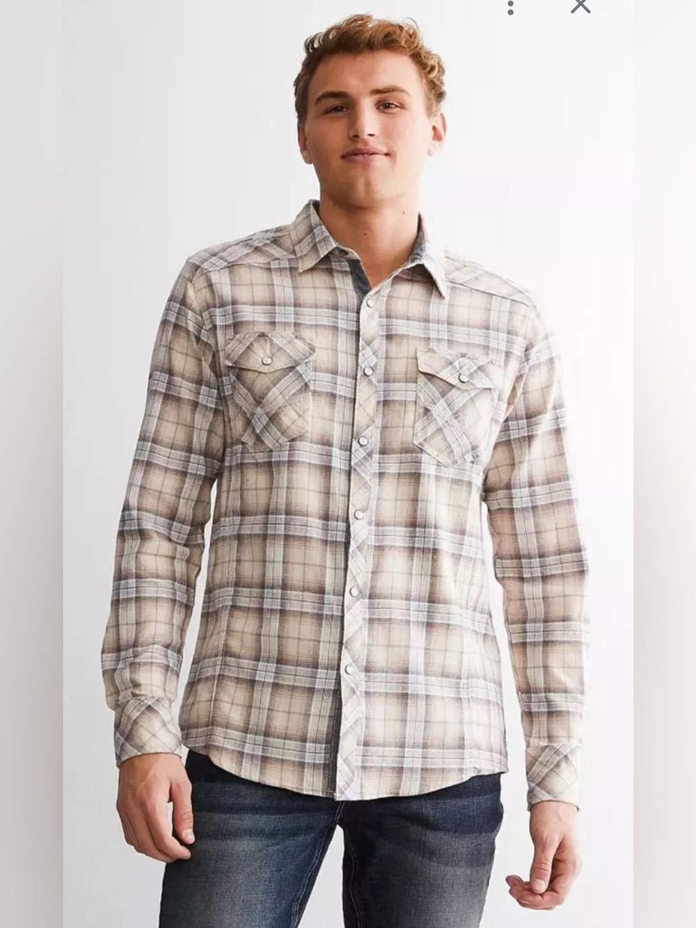 BKE Buckle Men's Beige Plaid Button-Up Shirt